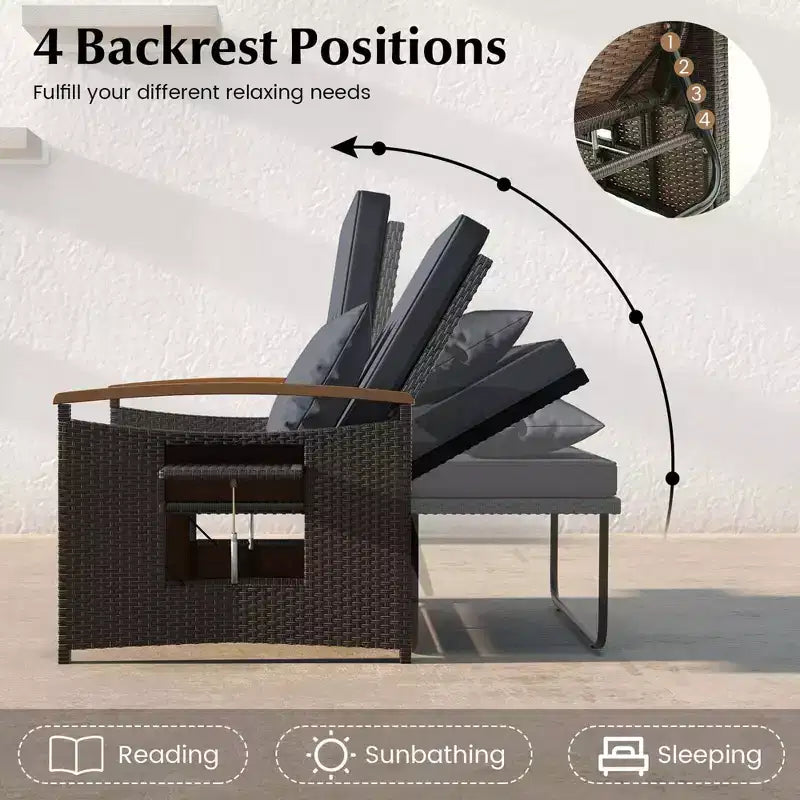 Costway Garten-Rattan-Tagesbett-Set mit gepolstertem Zweisitzer & Aufbewahrungs-Ottomane für Veranda Beige/Dunkelblau/Rot/Türkis/Schwarz/Grau