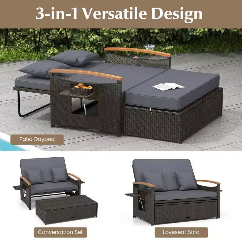 Costway Garten-Rattan-Tagesbett-Set mit gepolstertem Zweisitzer & Aufbewahrungs-Ottomane für Veranda Beige/Dunkelblau/Rot/Türkis/Schwarz/Grau