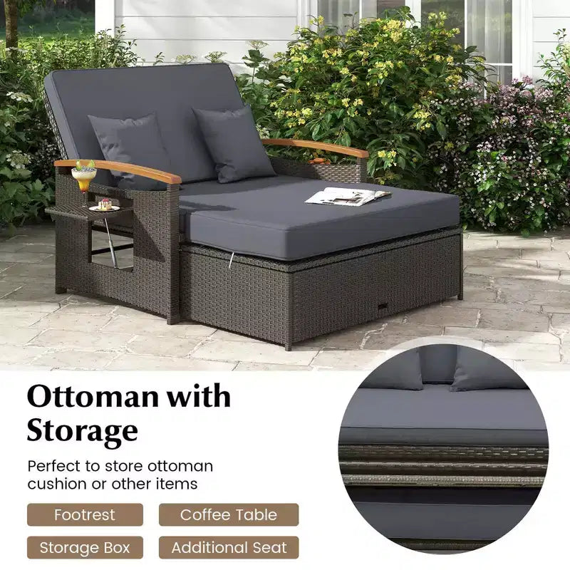 Costway Garten-Rattan-Tagesbett-Set mit gepolstertem Zweisitzer & Aufbewahrungs-Ottomane für Veranda Beige/Dunkelblau/Rot/Türkis/Schwarz/Grau