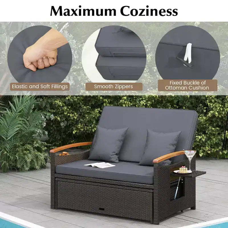 Costway Garten-Rattan-Tagesbett-Set mit gepolstertem Zweisitzer & Aufbewahrungs-Ottomane für Veranda Beige/Dunkelblau/Rot/Türkis/Schwarz/Grau