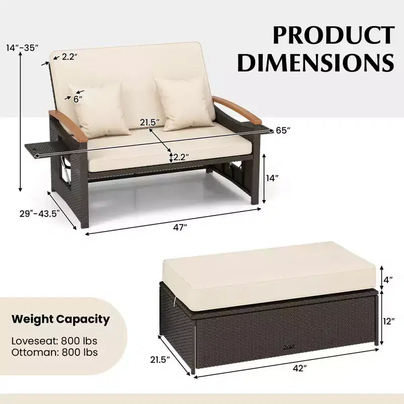 Costway Garten-Rattan-Tagesbett-Set mit gepolstertem Zweisitzer & Aufbewahrungs-Ottomane für Veranda Beige/Dunkelblau/Rot/Türkis/Schwarz/Grau