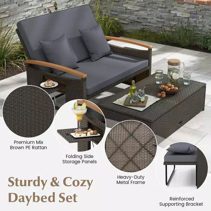 Costway Garten-Rattan-Tagesbett-Set mit gepolstertem Zweisitzer & Aufbewahrungs-Ottomane für Veranda Beige/Dunkelblau/Rot/Türkis/Schwarz/Grau