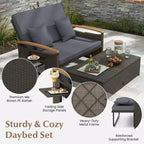 Costway Garten-Rattan-Tagesbett-Set mit gepolstertem Zweisitzer & Aufbewahrungs-Ottomane für Veranda Beige/Dunkelblau/Rot/Türkis/Schwarz/Grau