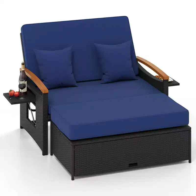 Costway Garten-Rattan-Tagesbett-Set mit gepolstertem Zweisitzer & Aufbewahrungs-Ottomane für Veranda Beige/Dunkelblau/Rot/Türkis/Schwarz/Grau