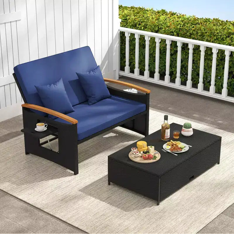 Costway Garten-Rattan-Tagesbett-Set mit gepolstertem Zweisitzer & Aufbewahrungs-Ottomane für Veranda Beige/Dunkelblau/Rot/Türkis/Schwarz/Grau