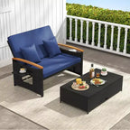 Costway Garten-Rattan-Tagesbett-Set mit gepolstertem Zweisitzer & Aufbewahrungs-Ottomane für Veranda Beige/Dunkelblau/Rot/Türkis/Schwarz/Grau