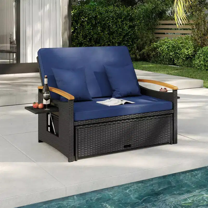 Costway Garten-Rattan-Tagesbett-Set mit gepolstertem Zweisitzer & Aufbewahrungs-Ottomane für Veranda Beige/Dunkelblau/Rot/Türkis/Schwarz/Grau