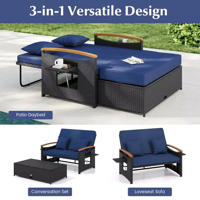 Costway Garten-Rattan-Tagesbett-Set mit gepolstertem Zweisitzer & Aufbewahrungs-Ottomane für Veranda Beige/Dunkelblau/Rot/Türkis/Schwarz/Grau