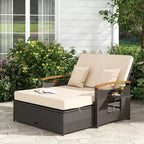 Costway Garten-Rattan-Tagesbett-Set mit gepolstertem Zweisitzer & Aufbewahrungs-Ottomane für Veranda Beige/Dunkelblau/Rot/Türkis/Schwarz/Grau
