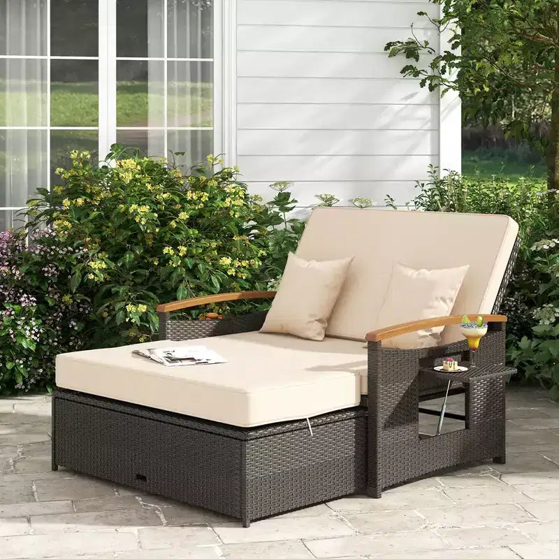 Costway Garten-Rattan-Tagesbett-Set mit gepolstertem Zweisitzer & Aufbewahrungs-Ottomane für Veranda Beige/Dunkelblau/Rot/Türkis/Schwarz/Grau