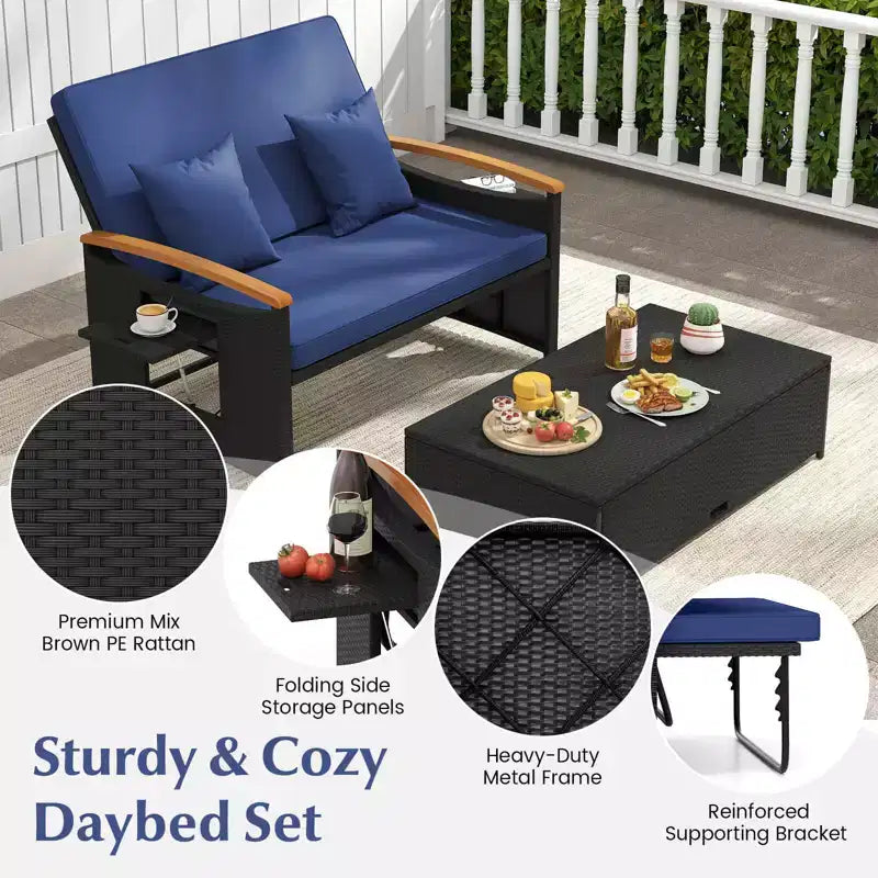 Costway Garten-Rattan-Tagesbett-Set mit gepolstertem Zweisitzer & Aufbewahrungs-Ottomane für Veranda Beige/Dunkelblau/Rot/Türkis/Schwarz/Grau