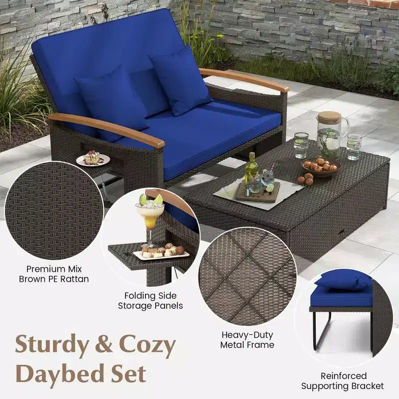 Costway Garten-Rattan-Tagesbett-Set mit gepolstertem Zweisitzer & Aufbewahrungs-Ottomane für Veranda Beige/Dunkelblau/Rot/Türkis/Schwarz/Grau