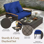 Costway Garten-Rattan-Tagesbett-Set mit gepolstertem Zweisitzer & Aufbewahrungs-Ottomane für Veranda Beige/Dunkelblau/Rot/Türkis/Schwarz/Grau