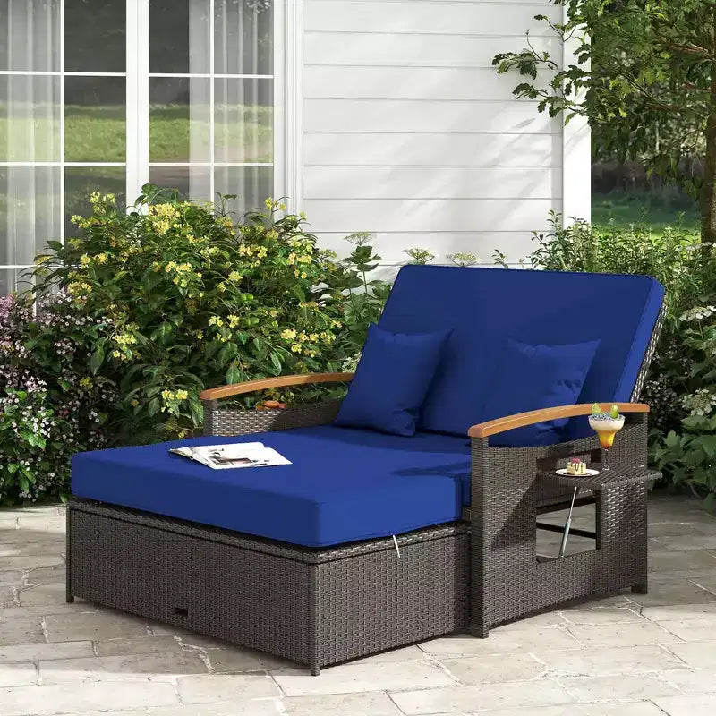 Costway Garten-Rattan-Tagesbett-Set mit gepolstertem Zweisitzer & Aufbewahrungs-Ottomane für Veranda Beige/Dunkelblau/Rot/Türkis/Schwarz/Grau