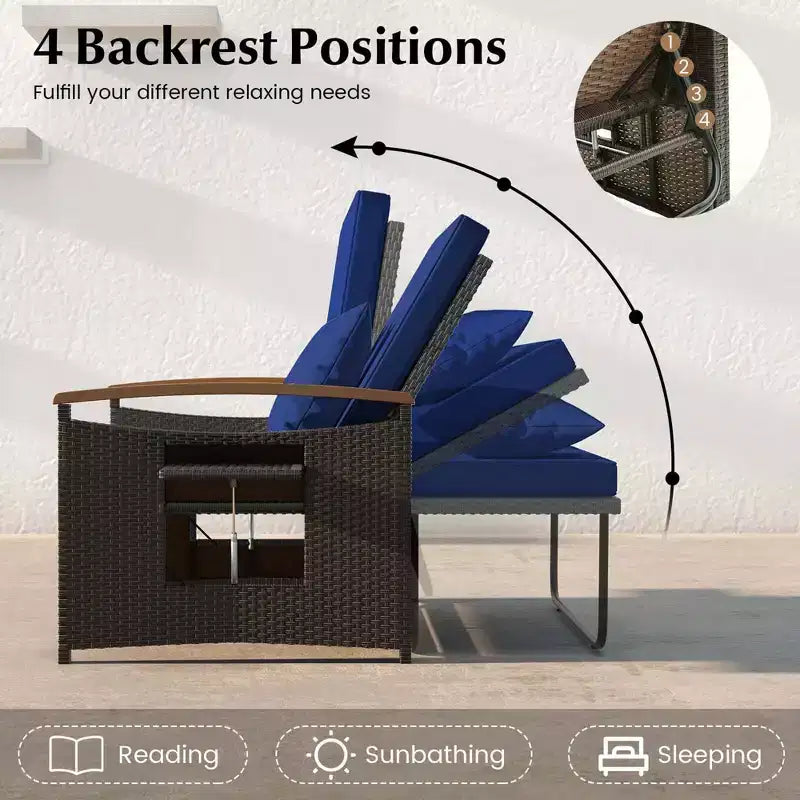 Costway Garten-Rattan-Tagesbett-Set mit gepolstertem Zweisitzer & Aufbewahrungs-Ottomane für Veranda Beige/Dunkelblau/Rot/Türkis/Schwarz/Grau