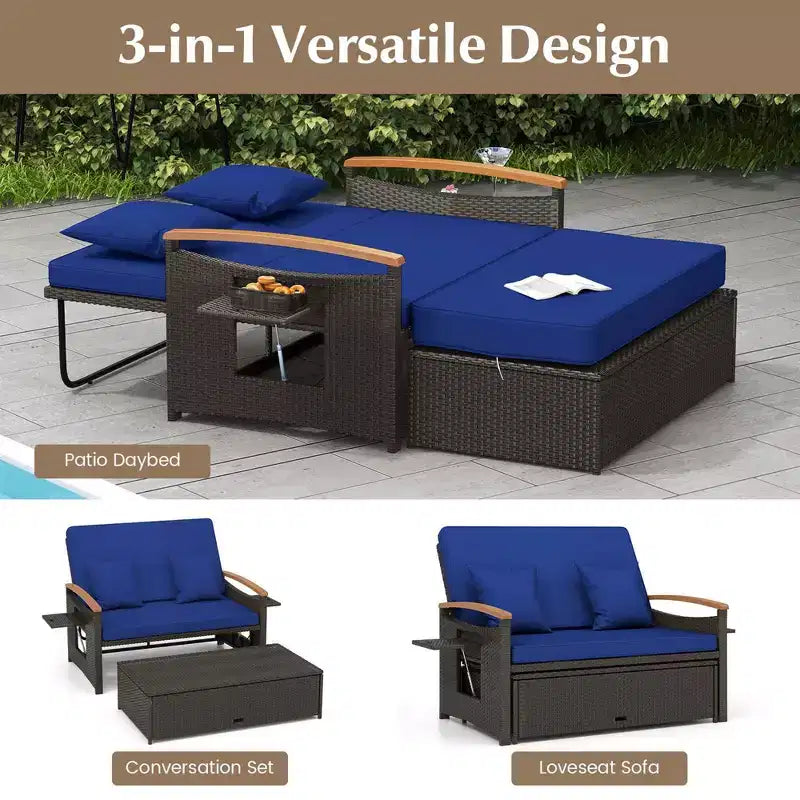 Costway Garten-Rattan-Tagesbett-Set mit gepolstertem Zweisitzer & Aufbewahrungs-Ottomane für Veranda Beige/Dunkelblau/Rot/Türkis/Schwarz/Grau