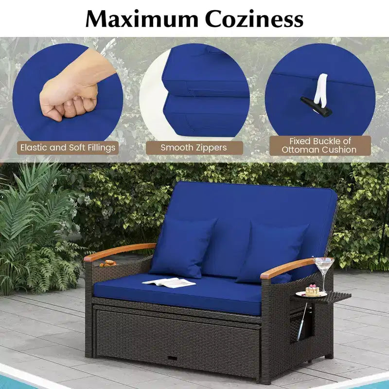 Costway Garten-Rattan-Tagesbett-Set mit gepolstertem Zweisitzer & Aufbewahrungs-Ottomane für Veranda Beige/Dunkelblau/Rot/Türkis/Schwarz/Grau