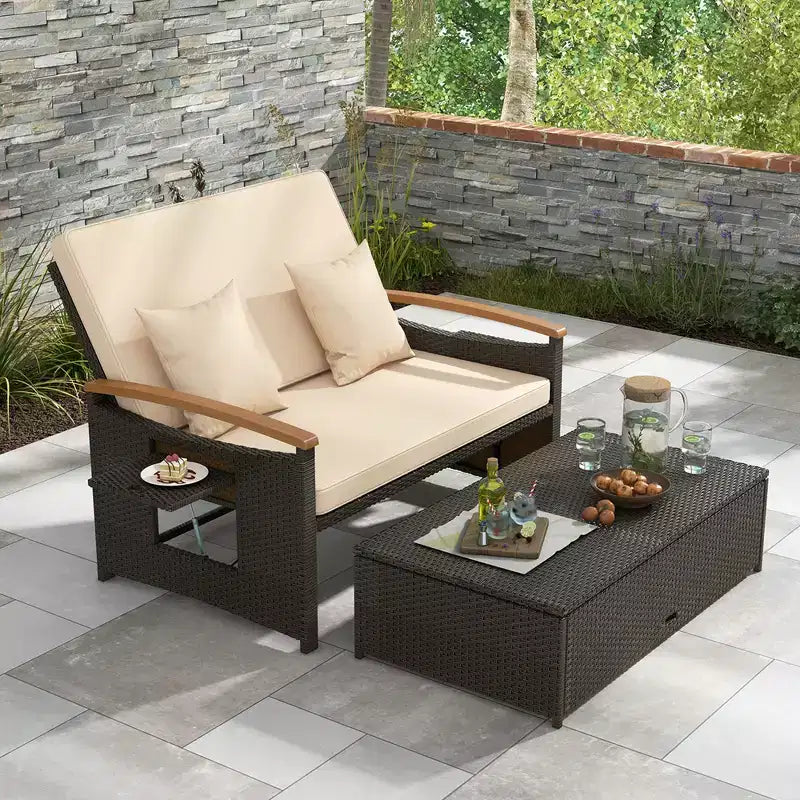 Costway Garten-Rattan-Tagesbett-Set mit gepolstertem Zweisitzer & Aufbewahrungs-Ottomane für Veranda Beige/Dunkelblau/Rot/Türkis/Schwarz/Grau