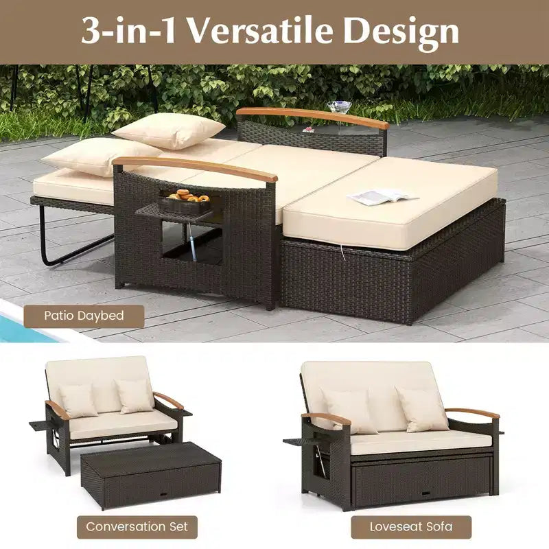 Costway Garten-Rattan-Tagesbett-Set mit gepolstertem Zweisitzer & Aufbewahrungs-Ottomane für Veranda Beige/Dunkelblau/Rot/Türkis/Schwarz/Grau