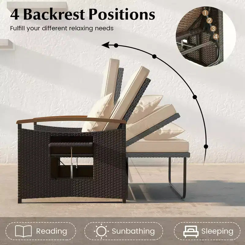 Costway Garten-Rattan-Tagesbett-Set mit gepolstertem Zweisitzer & Aufbewahrungs-Ottomane für Veranda Beige/Dunkelblau/Rot/Türkis/Schwarz/Grau