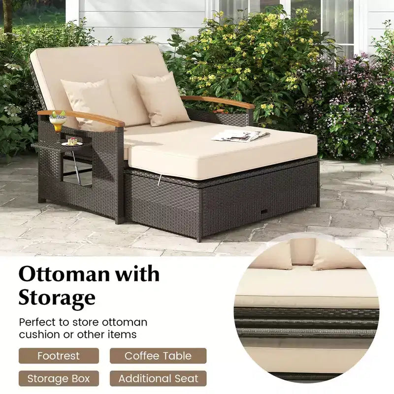 Costway Garten-Rattan-Tagesbett-Set mit gepolstertem Zweisitzer & Aufbewahrungs-Ottomane für Veranda Beige/Dunkelblau/Rot/Türkis/Schwarz/Grau