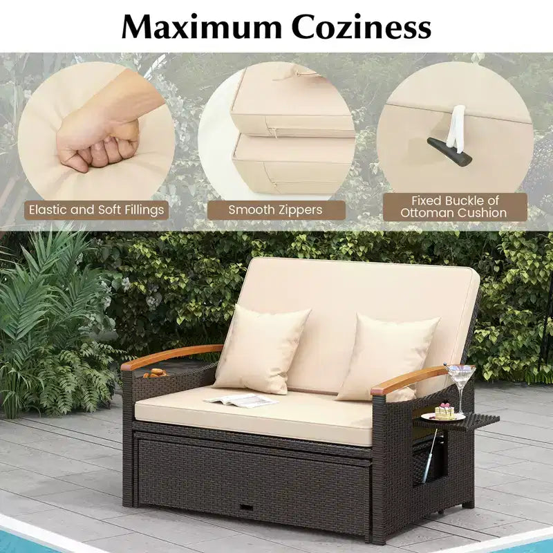 Costway Garten-Rattan-Tagesbett-Set mit gepolstertem Zweisitzer & Aufbewahrungs-Ottomane für Veranda Beige/Dunkelblau/Rot/Türkis/Schwarz/Grau