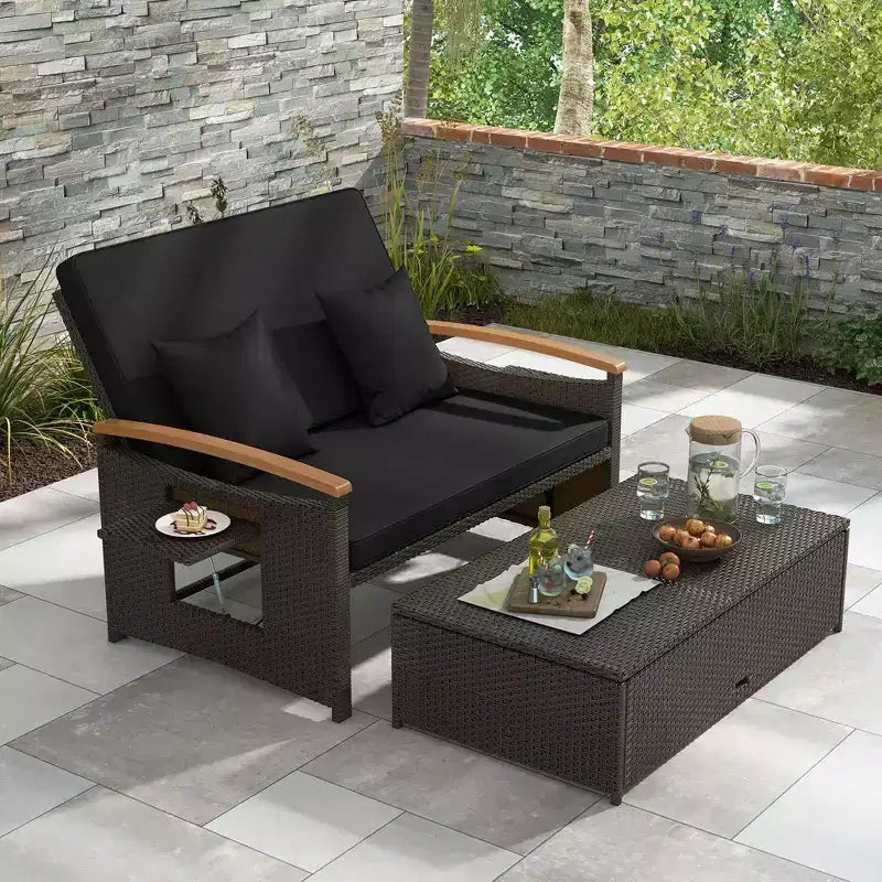 Costway Garten-Rattan-Tagesbett-Set mit gepolstertem Zweisitzer & Aufbewahrungs-Ottomane für Veranda Beige/Dunkelblau/Rot/Türkis/Schwarz/Grau