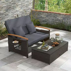 Costway Garten-Rattan-Tagesbett-Set mit gepolstertem Zweisitzer & Aufbewahrungs-Ottomane für Veranda Beige/Dunkelblau/Rot/Türkis/Schwarz/Grau