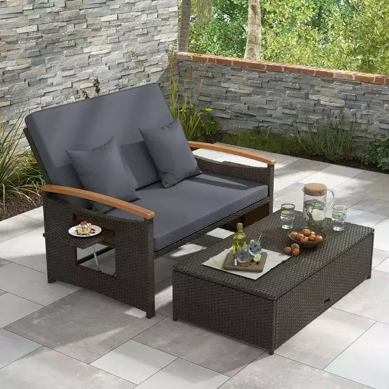 Costway Garten-Rattan-Tagesbett-Set mit gepolstertem Zweisitzer & Aufbewahrungs-Ottomane für Veranda Beige/Dunkelblau/Rot/Türkis/Schwarz/Grau