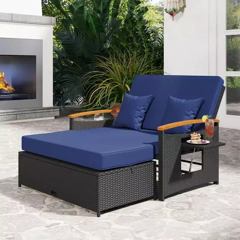 Costway Garten-Rattan-Tagesbett-Set mit gepolstertem Zweisitzer & Aufbewahrungs-Ottomane für Veranda Beige/Dunkelblau/Rot/Türkis/Schwarz/Grau