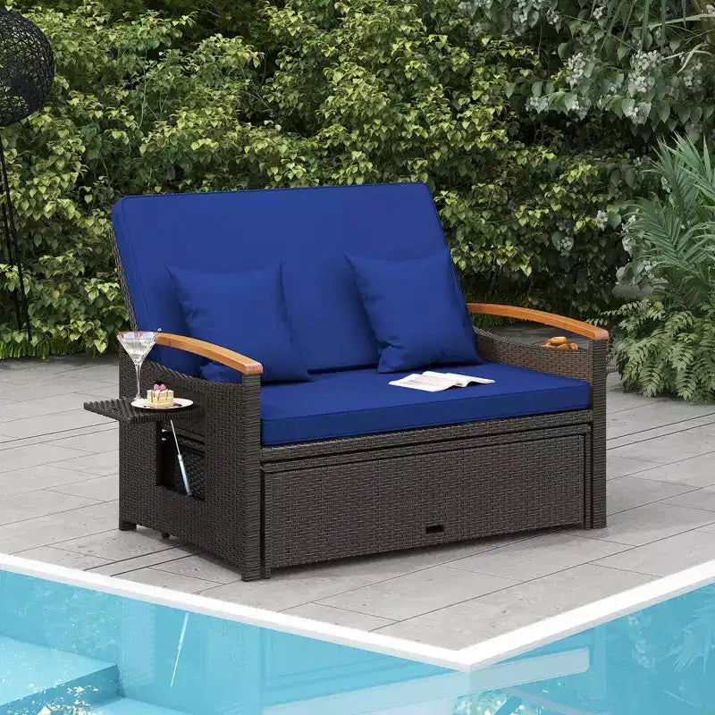 Costway Garten-Rattan-Tagesbett-Set mit gepolstertem Zweisitzer & Aufbewahrungs-Ottomane für Veranda Beige/Dunkelblau/Rot/Türkis/Schwarz/Grau
