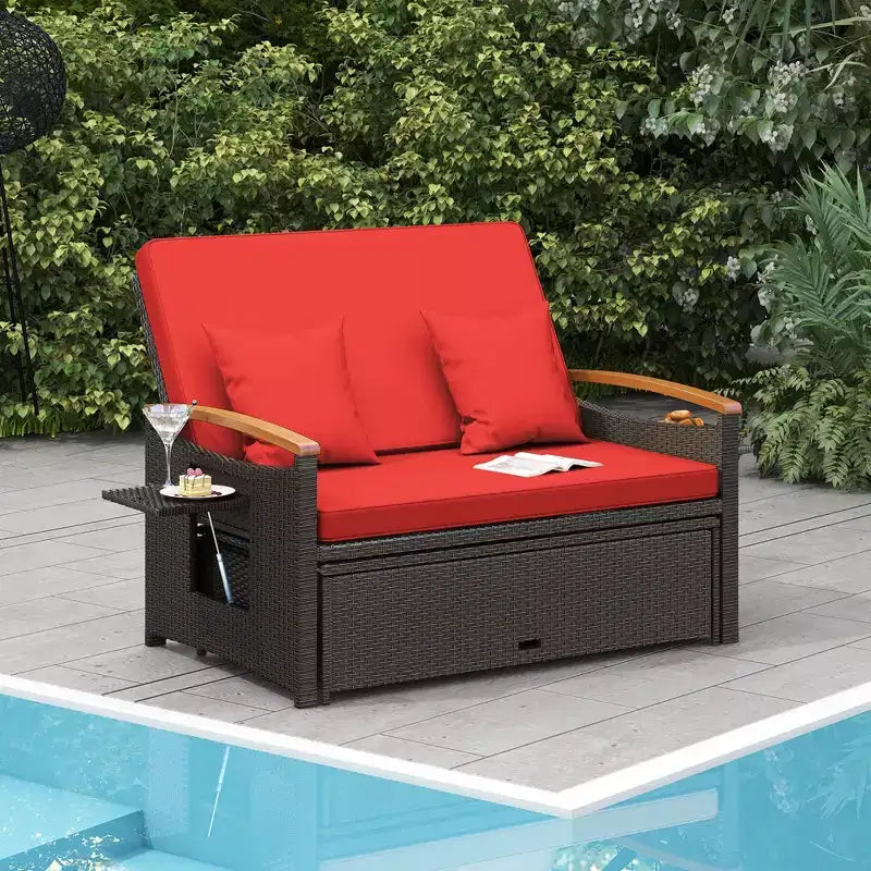 Costway Garten-Rattan-Tagesbett-Set mit gepolstertem Zweisitzer & Aufbewahrungs-Ottomane für Veranda Beige/Dunkelblau/Rot/Türkis/Schwarz/Grau