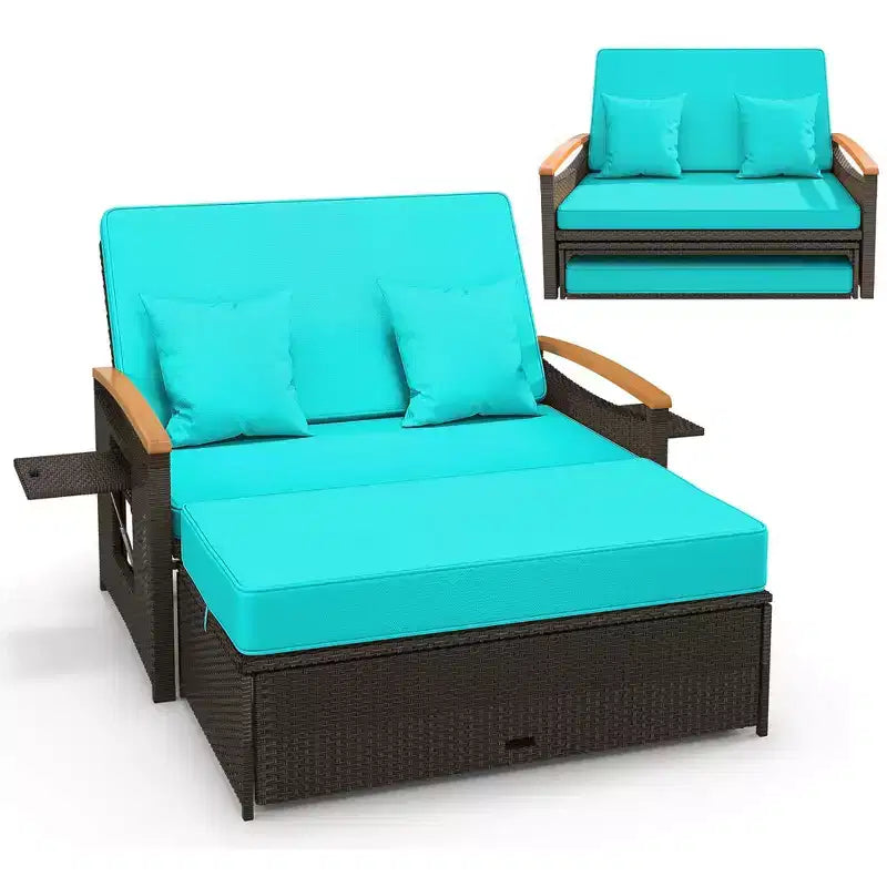 Costway Garten-Rattan-Tagesbett-Set mit gepolstertem Zweisitzer & Aufbewahrungs-Ottomane für Veranda Beige/Dunkelblau/Rot/Türkis/Schwarz/Grau