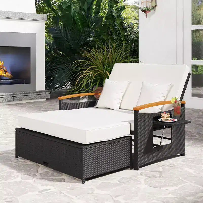 Costway Garten-Rattan-Tagesbett-Set mit gepolstertem Zweisitzer & Aufbewahrungs-Ottomane für Veranda Beige/Dunkelblau/Rot/Türkis/Schwarz/Grau