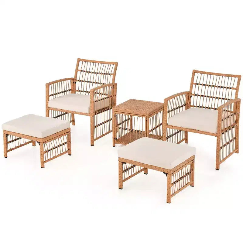 Costway 5-teiliges Terrassen-Rattan-Geflecht-Konversationsset mit 2-stöckigem Couchtisch & 2 Hockern