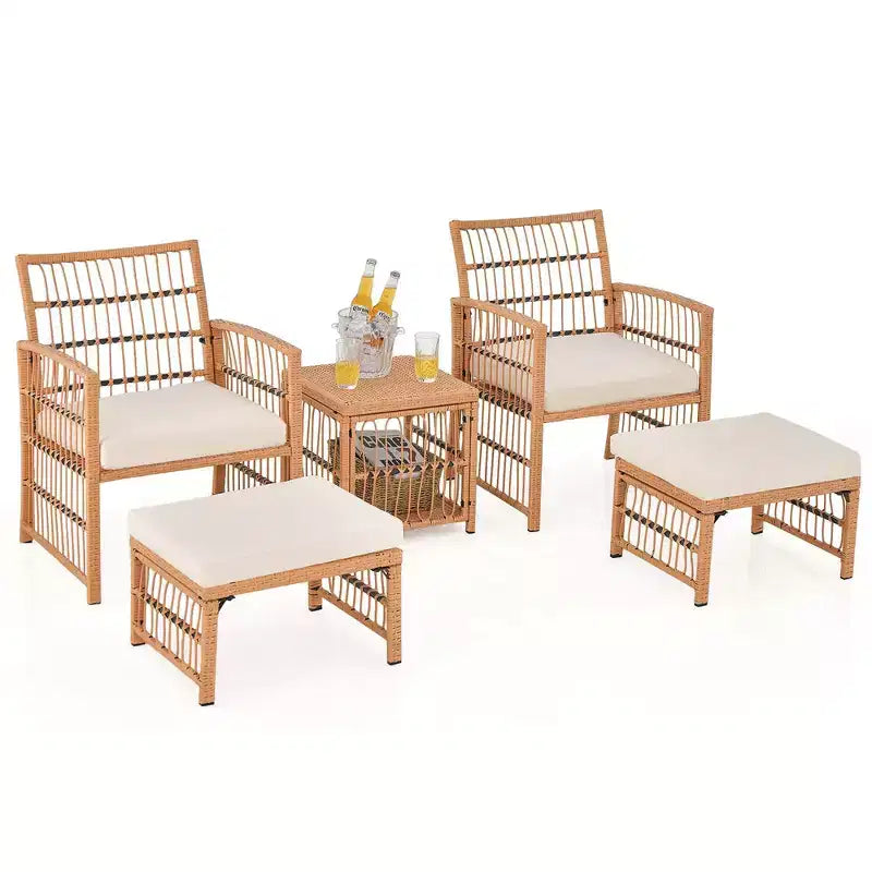 Costway 5-teiliges Terrassen-Rattan-Geflecht-Konversationsset mit 2-stöckigem Couchtisch & 2 Hockern
