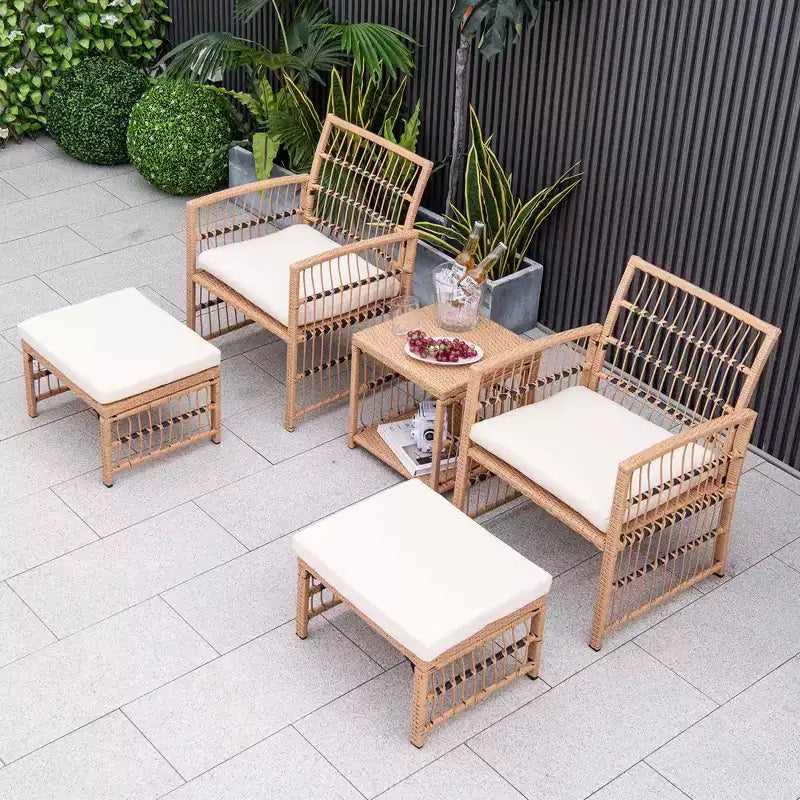 Costway 5-teiliges Terrassen-Rattan-Geflecht-Konversationsset mit 2-stöckigem Couchtisch & 2 Hockern
