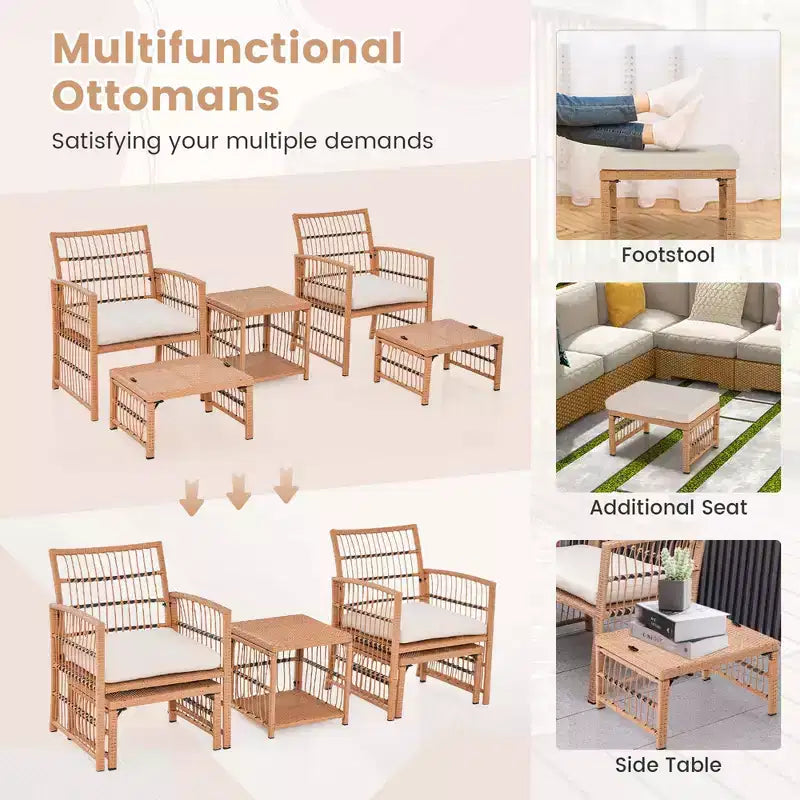 Costway 5-teiliges Terrassen-Rattan-Geflecht-Konversationsset mit 2-stöckigem Couchtisch & 2 Hockern