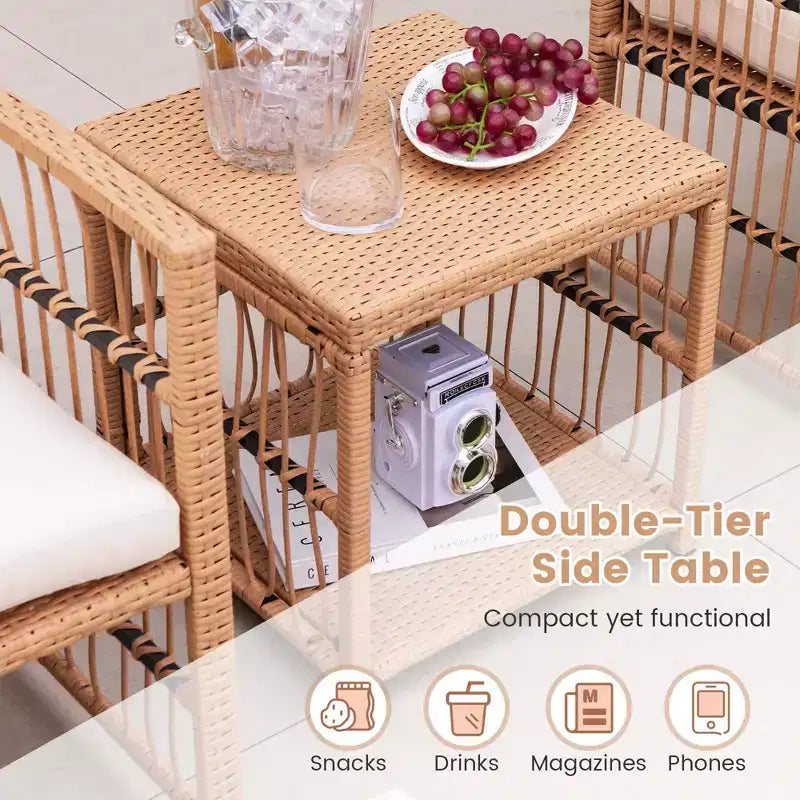 Costway 5-teiliges Terrassen-Rattan-Geflecht-Konversationsset mit 2-stöckigem Couchtisch & 2 Hockern