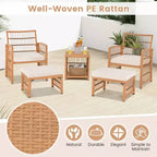 Costway 5-teiliges Terrassen-Rattan-Geflecht-Konversationsset mit 2-stöckigem Couchtisch & 2 Hockern