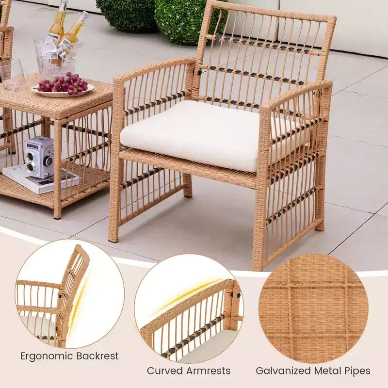 Costway 5-teiliges Terrassen-Rattan-Geflecht-Konversationsset mit 2-stöckigem Couchtisch & 2 Hockern