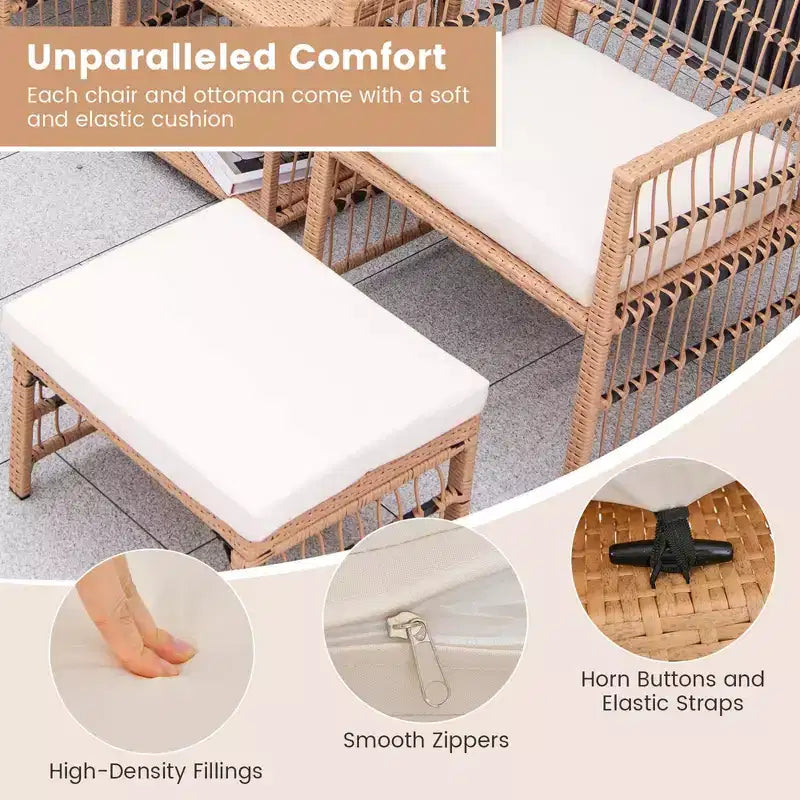 Costway 5-teiliges Terrassen-Rattan-Geflecht-Konversationsset mit 2-stöckigem Couchtisch & 2 Hockern