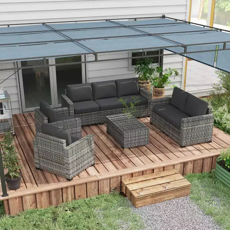 Outsunny Loungemöbel-Set mit Kissen und Couchtisch mit Stauraumfunktion