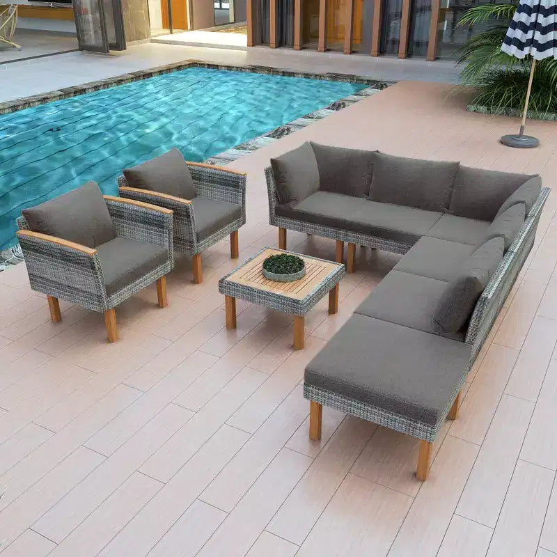 9 PCS Outdoor Rattan Conversation Set, Patio Sofa Set Seating Group With Coffee Table and Washable Cushion, Gray-ModernLuxe