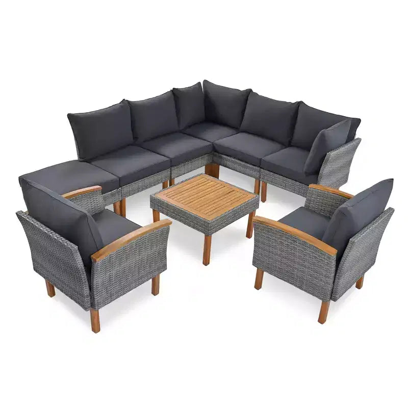 9-teiliges Rattan-Sofa-Set für den Außenbereich, Lounge-Gruppe mit Couchtisch und waschbaren Kissen, Grau-ModernLuxe