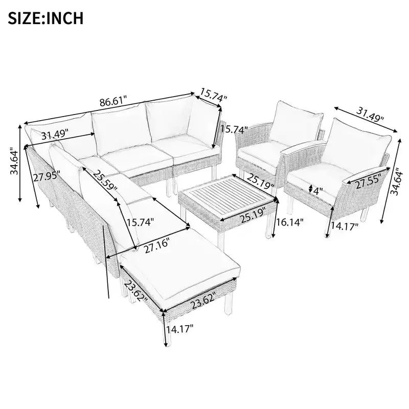 9-teiliges Rattan-Sofa-Set für den Außenbereich, Lounge-Gruppe mit Couchtisch und waschbaren Kissen, Grau-ModernLuxe