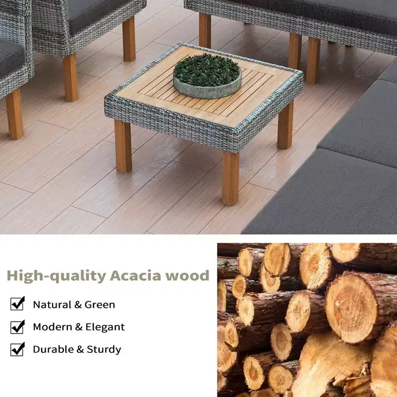 9-teiliges Rattan-Sofa-Set für den Außenbereich, Lounge-Gruppe mit Couchtisch und waschbaren Kissen, Grau-ModernLuxe