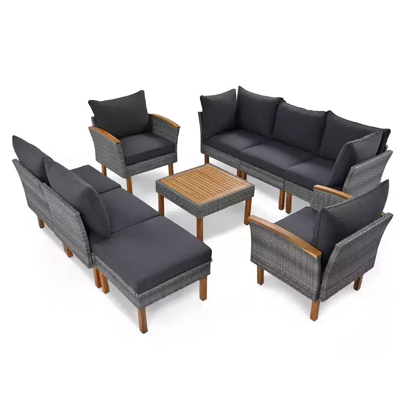 9-teiliges Rattan-Sofa-Set für den Außenbereich, Lounge-Gruppe mit Couchtisch und waschbaren Kissen, Grau-ModernLuxe