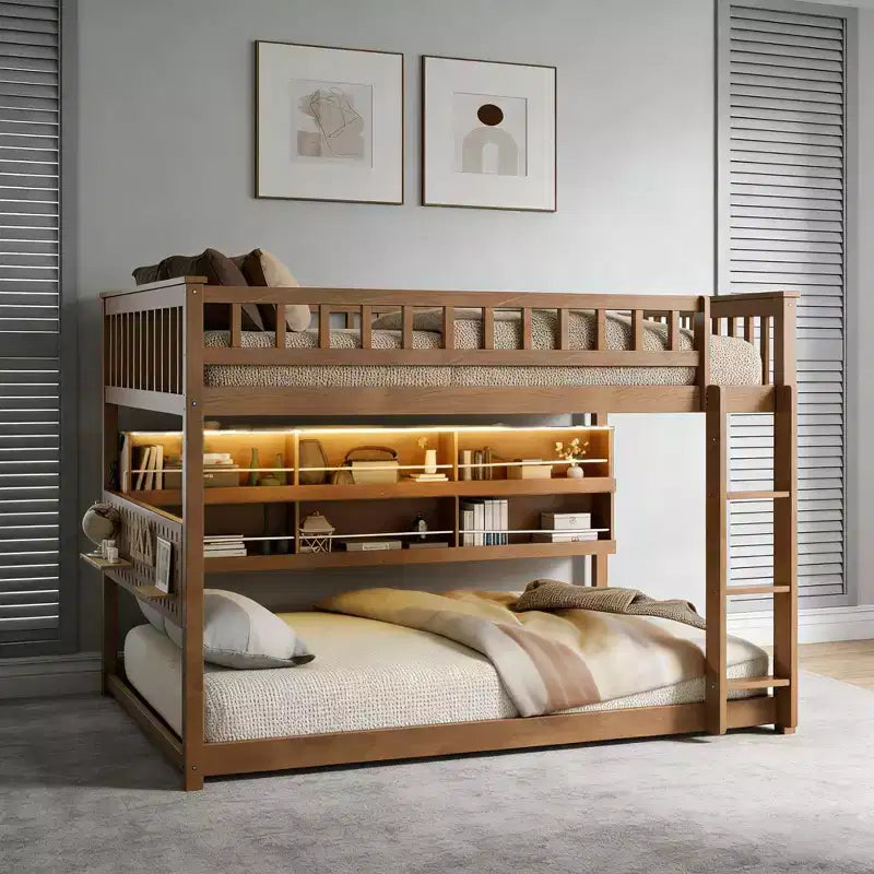 Luxystar Etagenbett für Erwachsene, voll über voll, modern, mit Stauraum, beleuchteten Regalen und Lochplatte