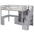 Hochbett in Twin-Größe mit L-förmigem Schreibtisch, 3 Schubladen, Schrank, Treppenstauraum, aus massivem Kiefernholz/MDF gefertigt